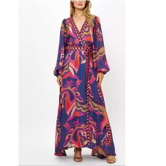 Oliphant V-Neck Long Sleeves Wrap Maxi Dress Tie-Belt Arabia Navy Size Large - Picture 1 of 11